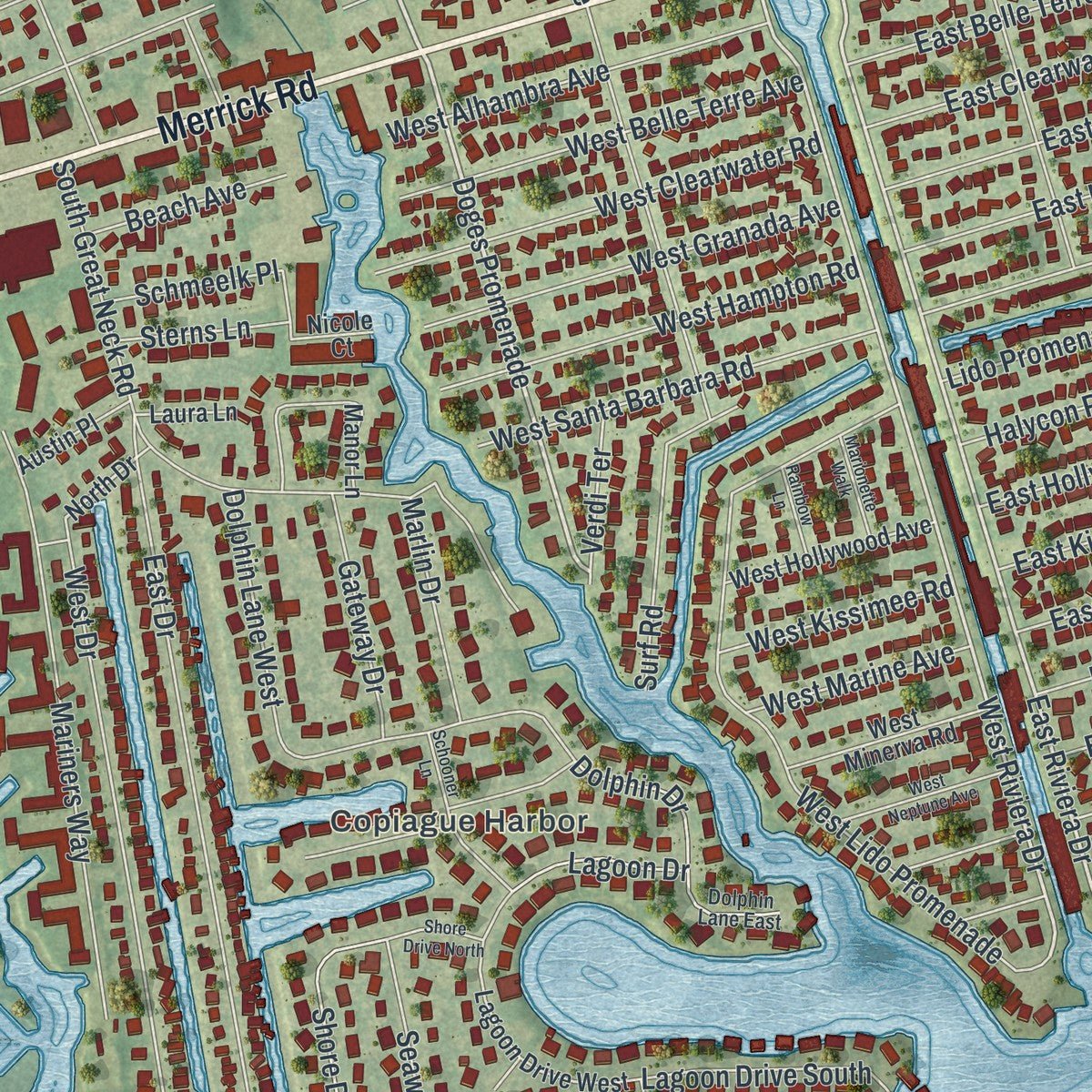 Close-up of the map of Copiague, New York print showing street and building detail