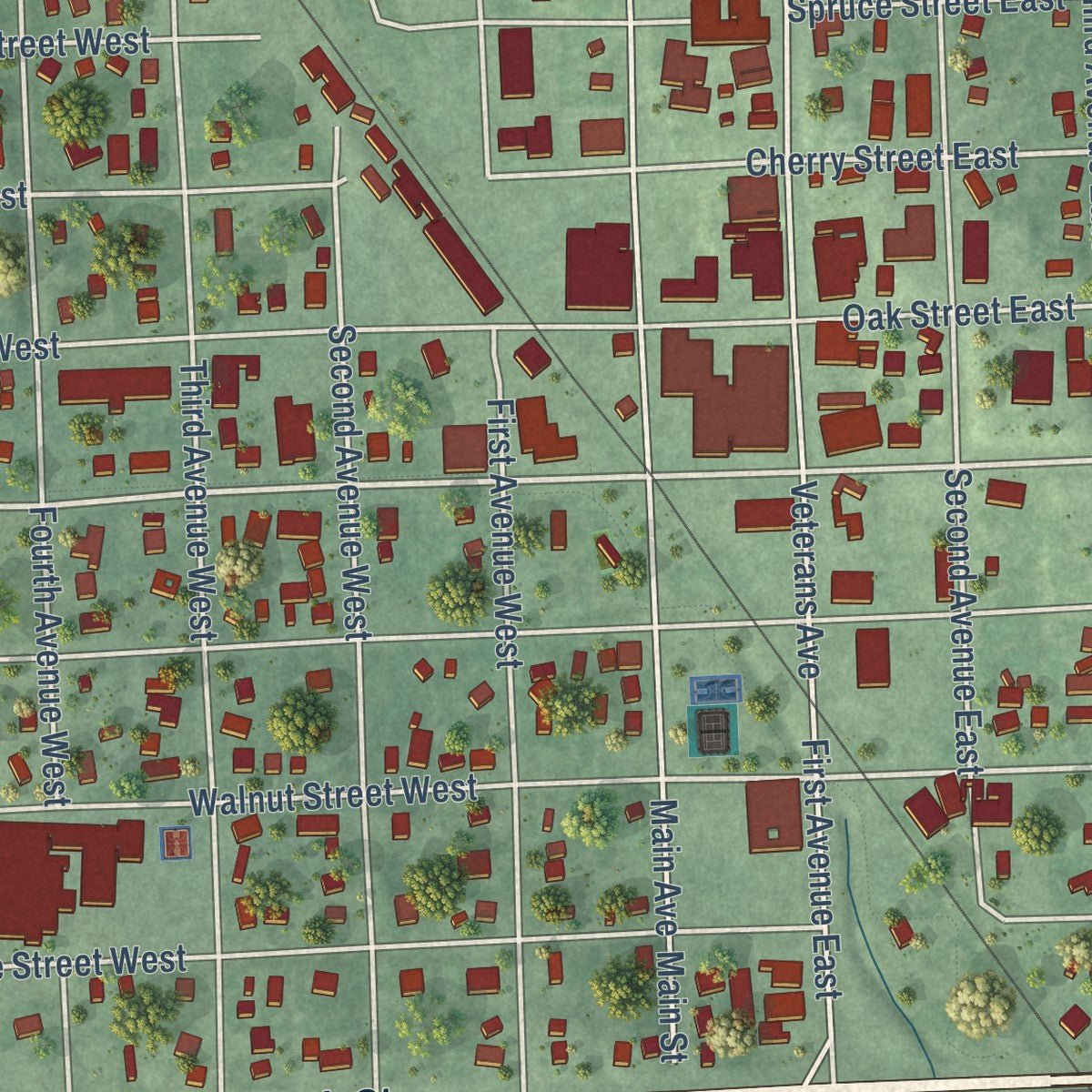 Close-up of the map of Sisseton, South Dakota print showing street and building detail