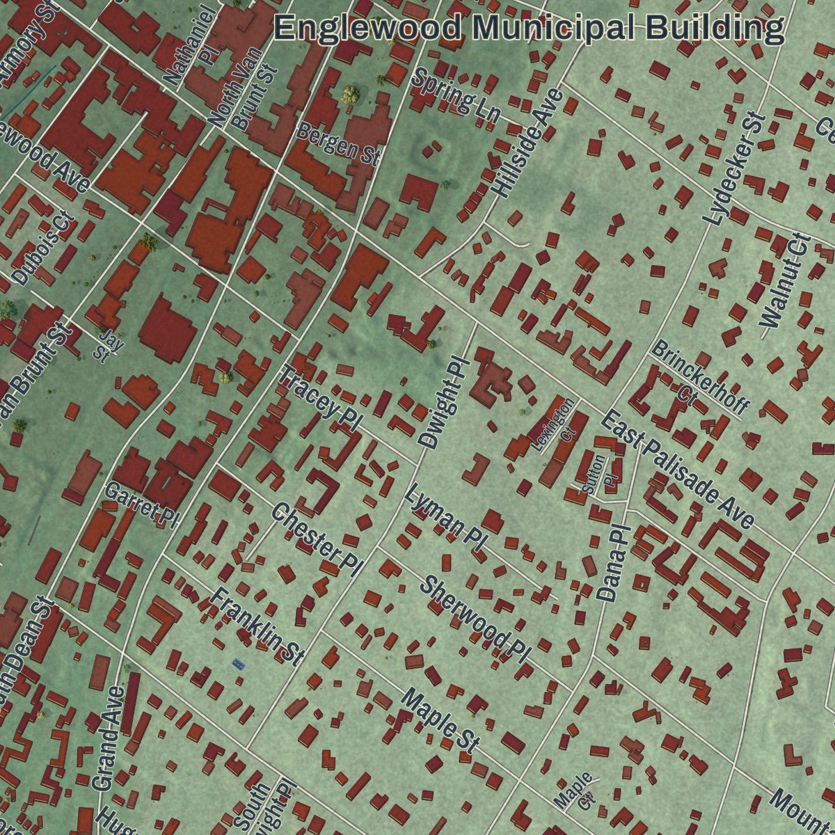 Close-up of the map of Englewood, New Jersey print showing street and building detail