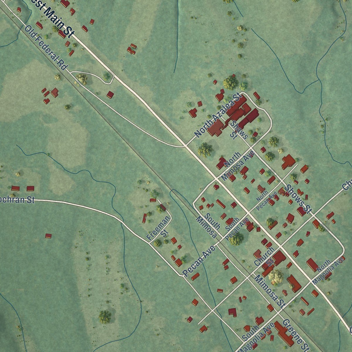 Close-up of the map of McLain, Mississippi print showing street and building detail