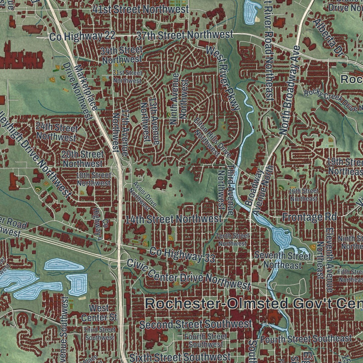 Close-up of the map of Rochester, Minnesota print showing street and building detail