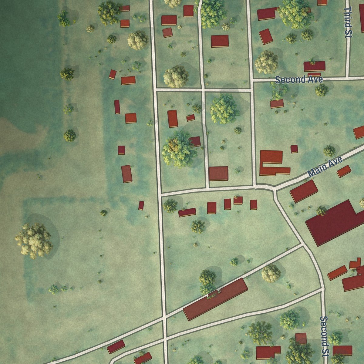 Close-up of the map of Alice, North Dakota print showing street and building detail
