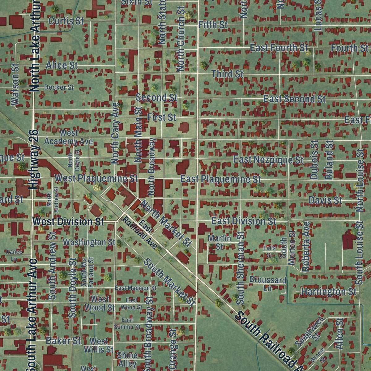 Close-up of the map of Jennings, Louisiana print showing street and building detail