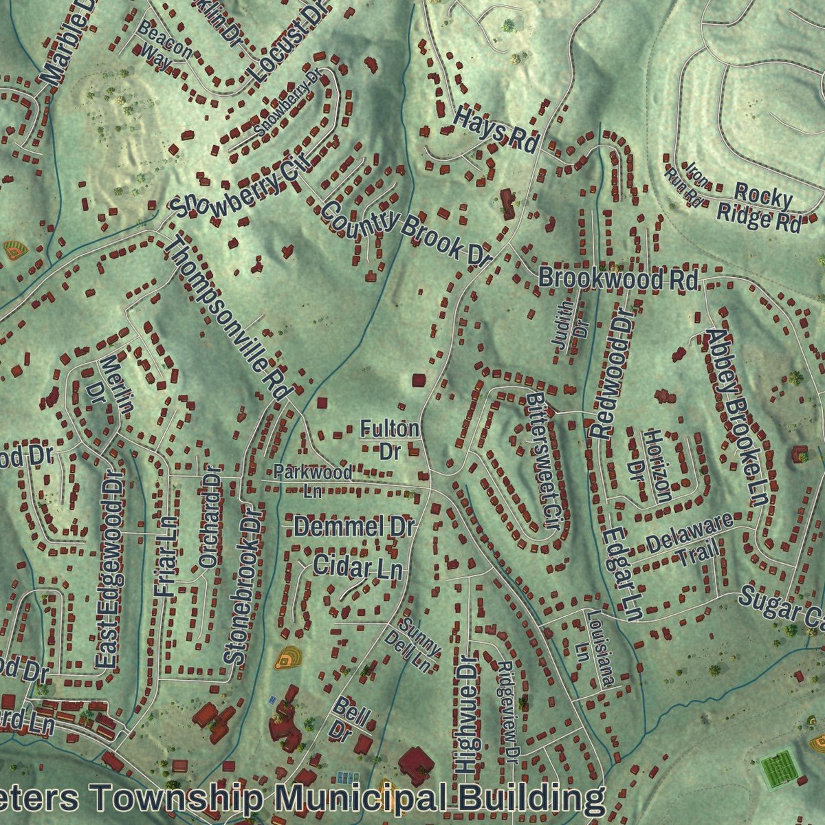 Close-up of the map of Peters, Washington County, Pennsylvania print showing street and building detail