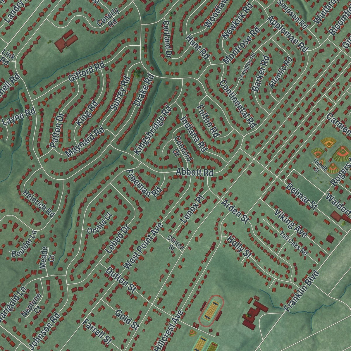 Close-up of the map of Somerset, New Jersey print showing street and building detail