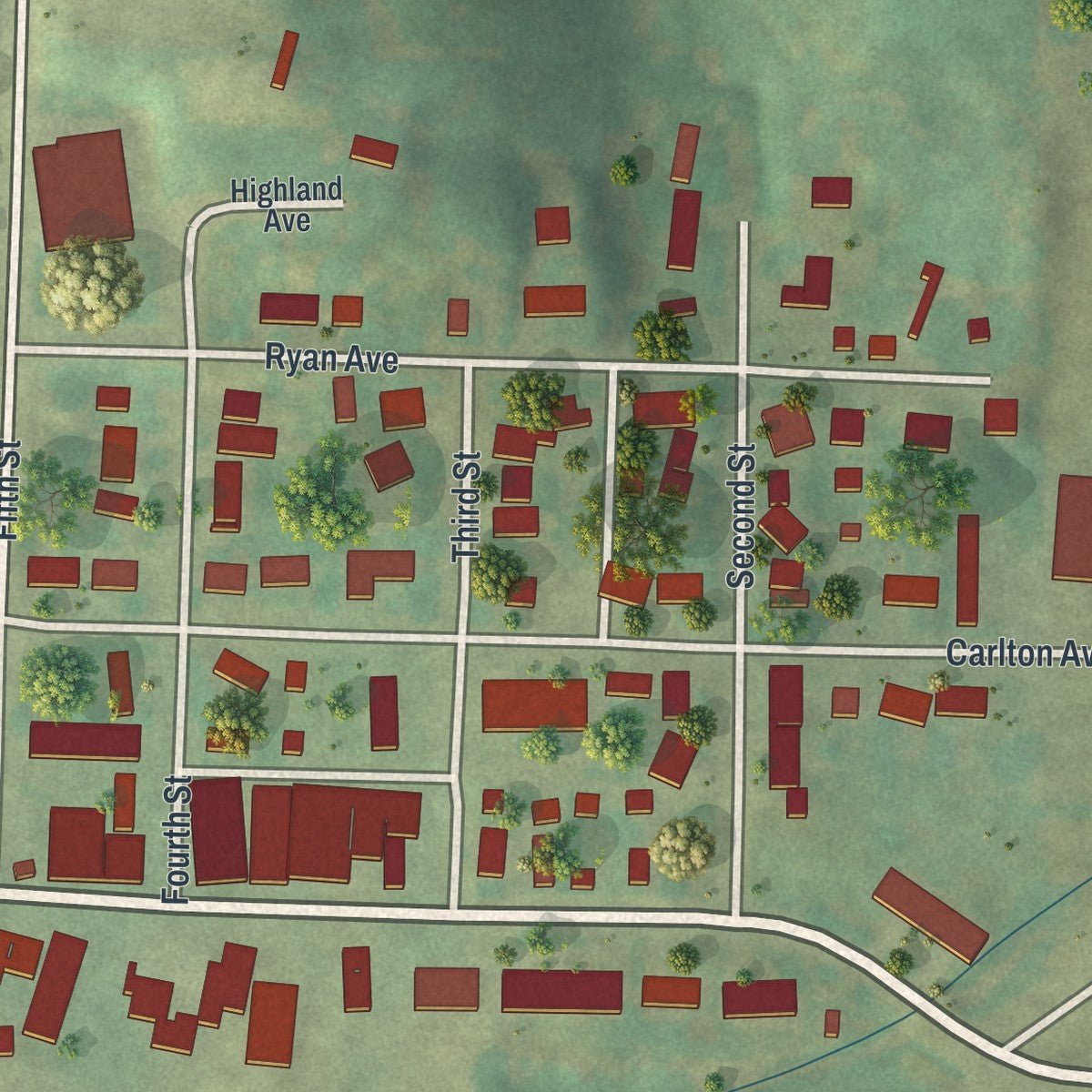 Close-up of the map of Chandler, Minnesota print showing street and building detail
