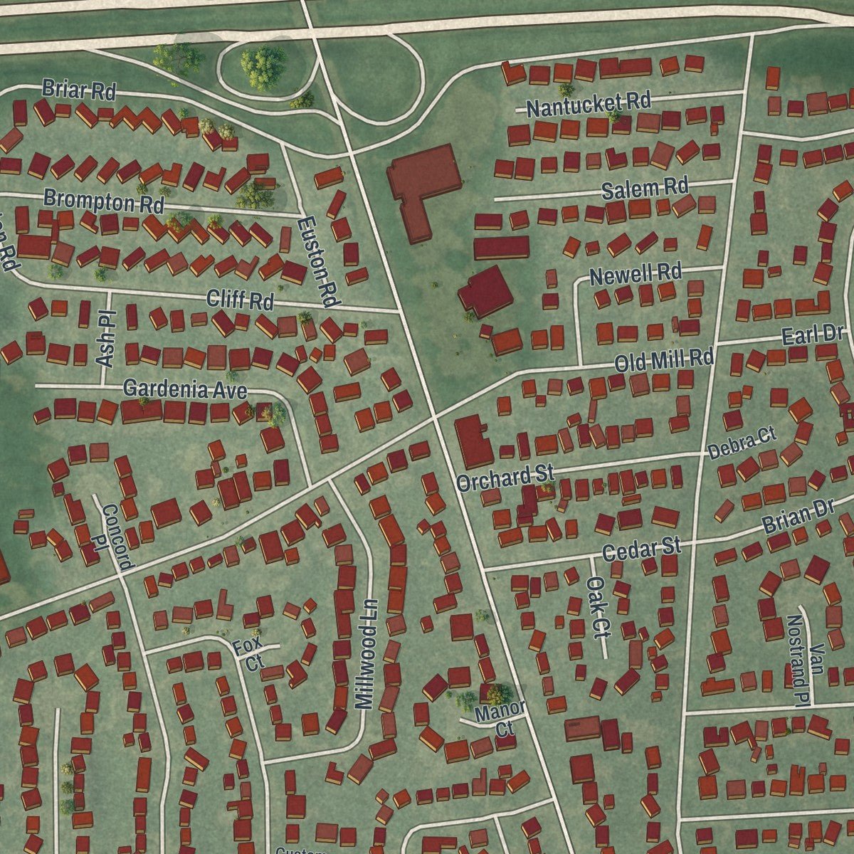 Close-up of the map of North Merrick, New York print showing street and building detail