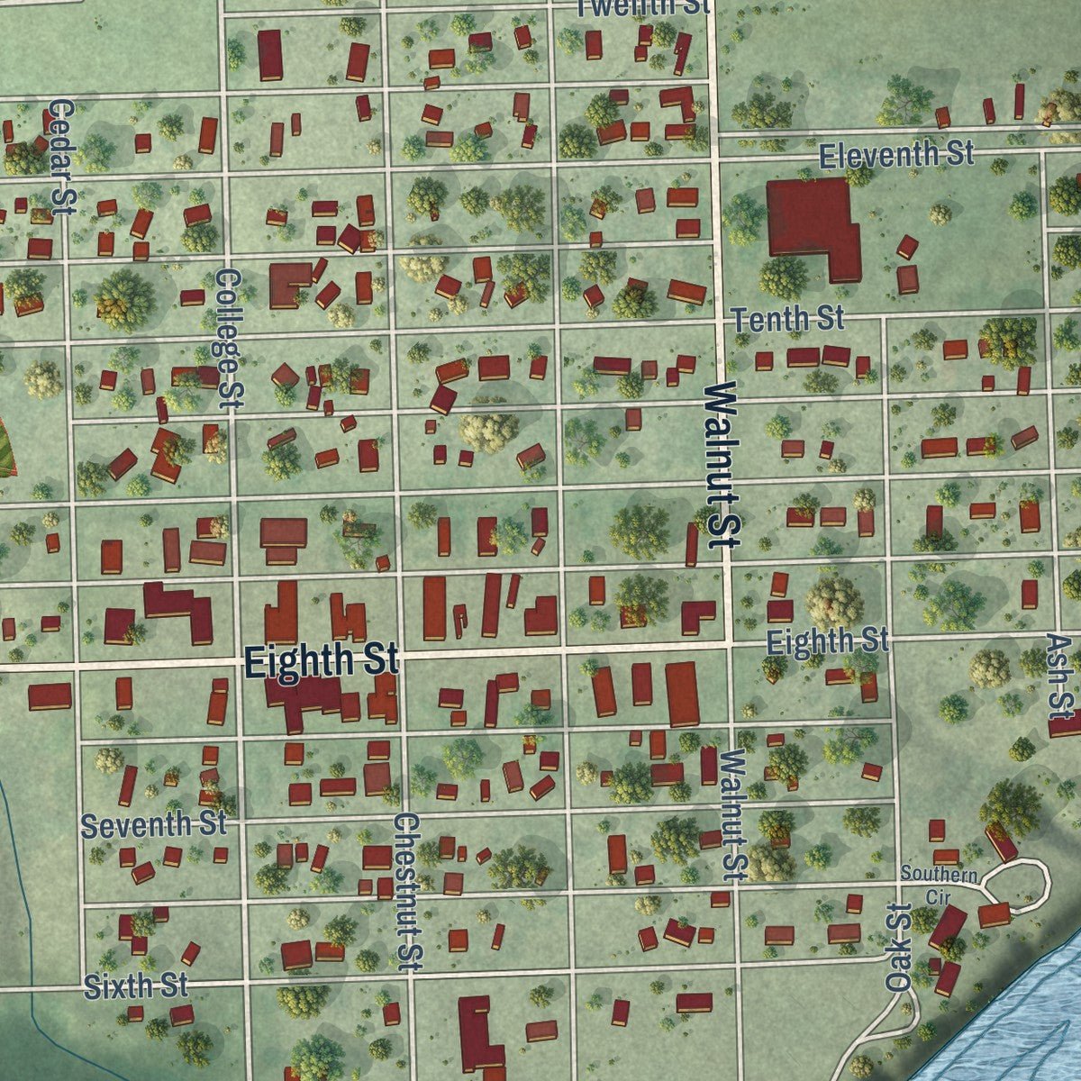 Close-up of the map of Springfield, South Dakota print showing street and building detail