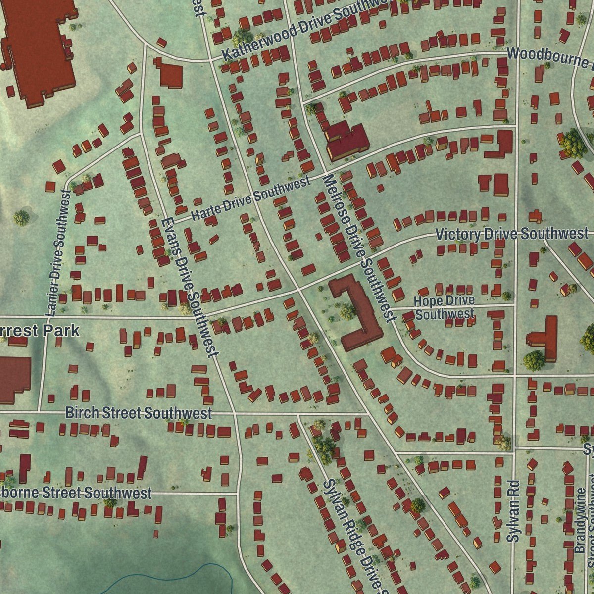 Close-up of the map of Sylvan Hills, Georgia print showing street and building detail