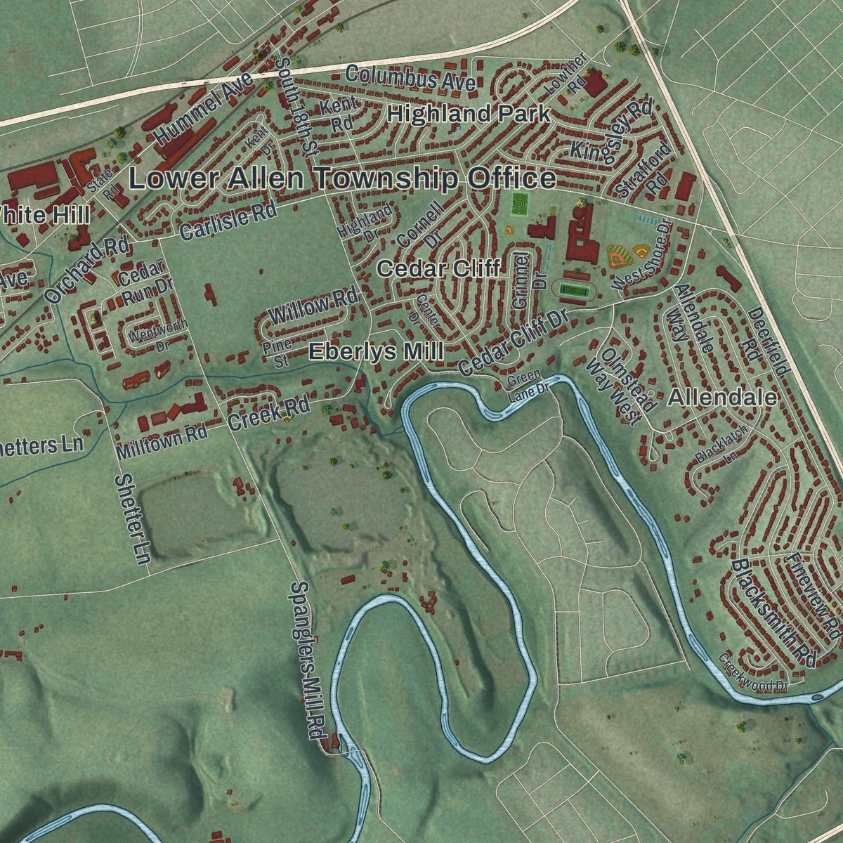 Close-up of the map of Lower Allen, Pennsylvania print showing street and building detail