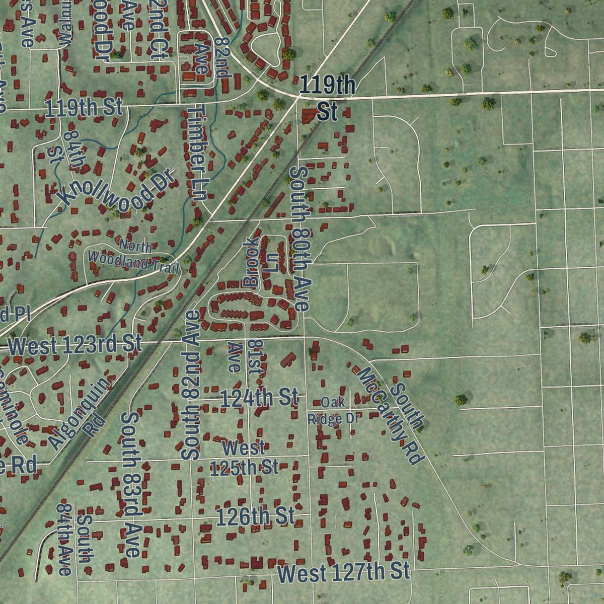 Close-up of the map of Palos Park, Illinois print showing street and building detail