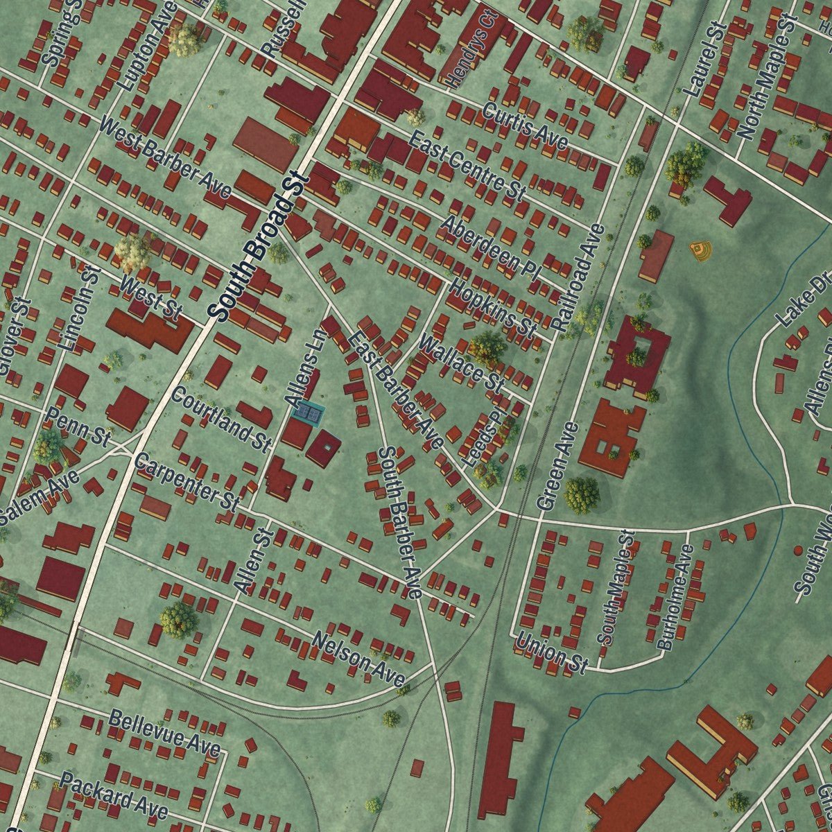 Close-up of the map of Woodbury, New Jersey print showing street and building detail