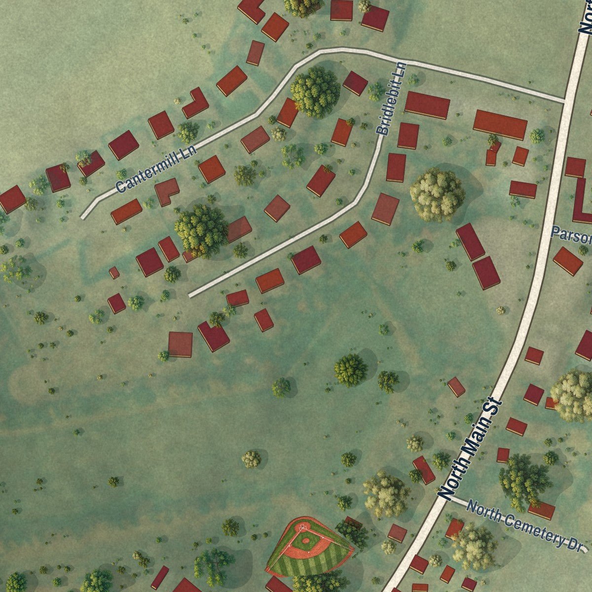 Close-up of the map of Mount Crawford, Virginia print showing street and building detail
