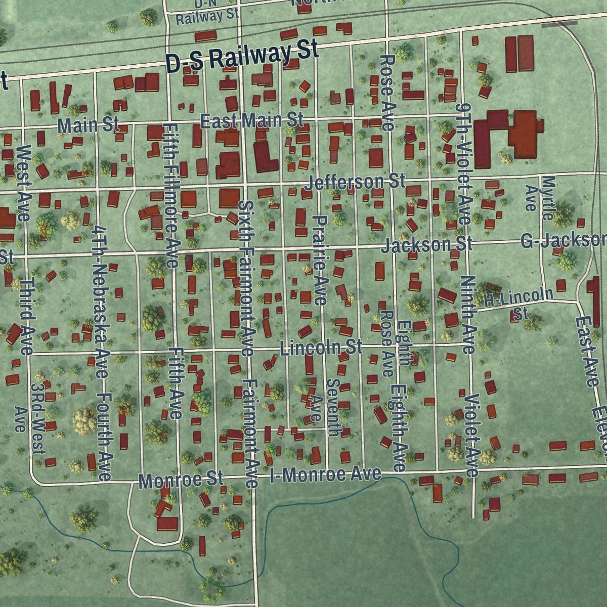Close-up of the map of Fairmont, Nebraska print showing street and building detail
