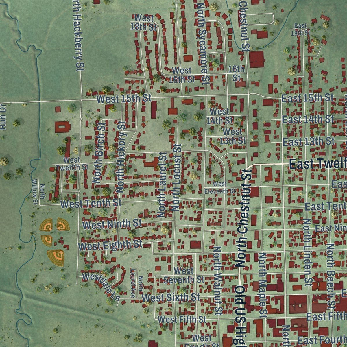 Close-up of the map of Wahoo, Nebraska print showing street and building detail
