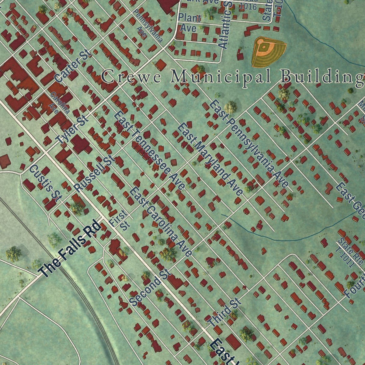 Close-up of the map of Crewe, Virginia print showing street and building detail