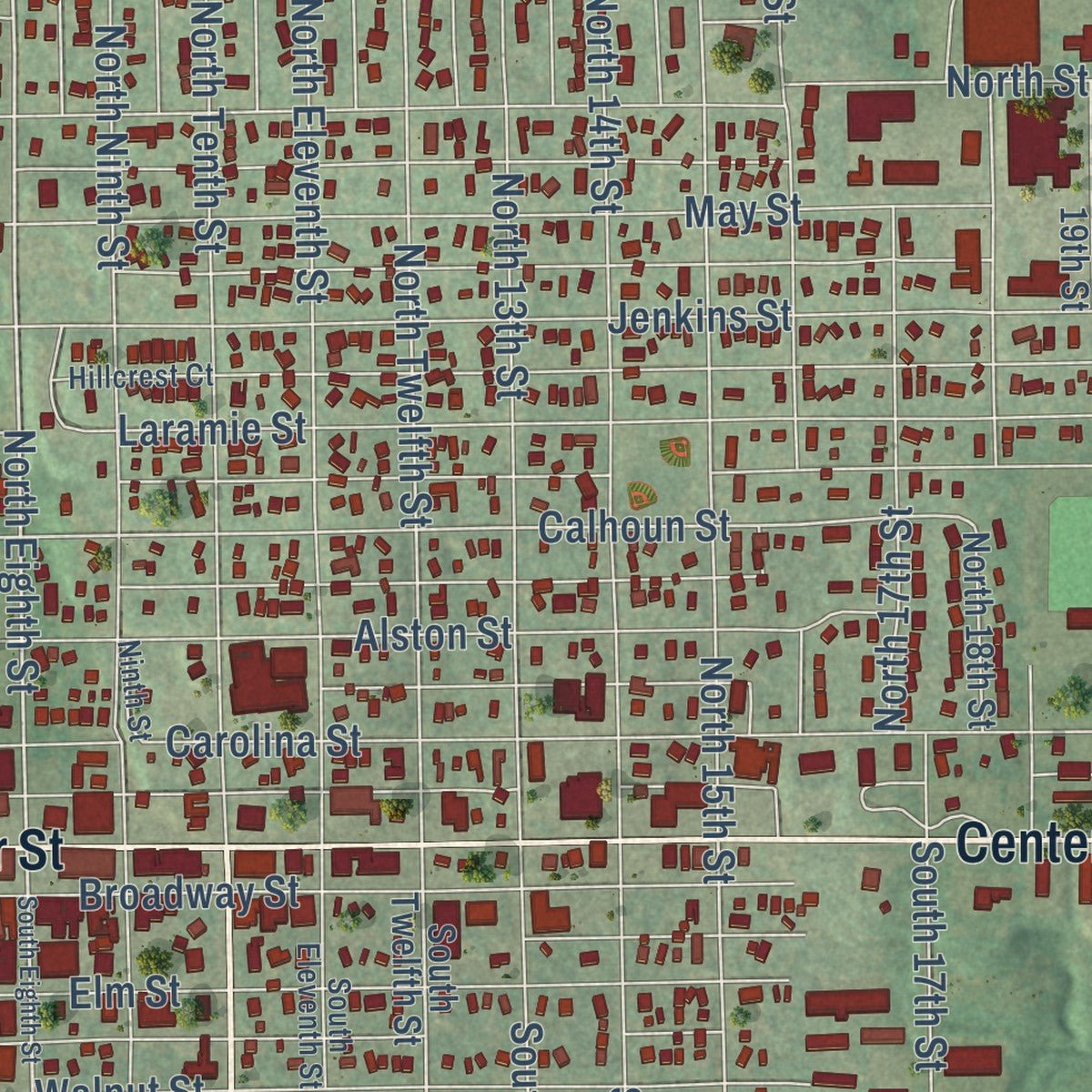 Close-up of the map of Marysville, Kansas print showing street and building detail