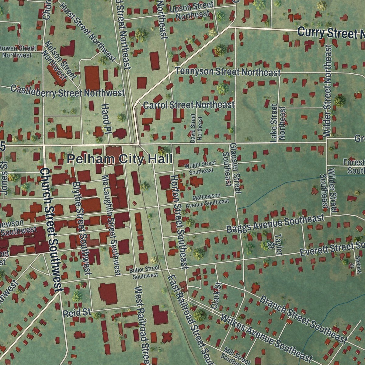 Close-up of the map of Pelham, Georgia print showing street and building detail