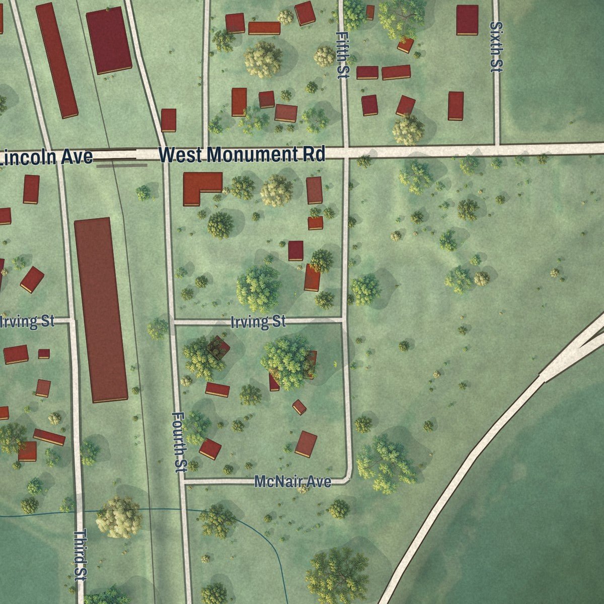 Close-up of the map of Ayr, Nebraska print showing street and building detail