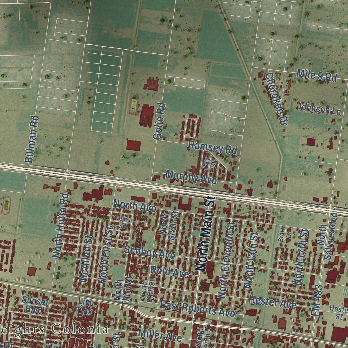 Close-up of the map of Donna, Texas print showing street and building detail