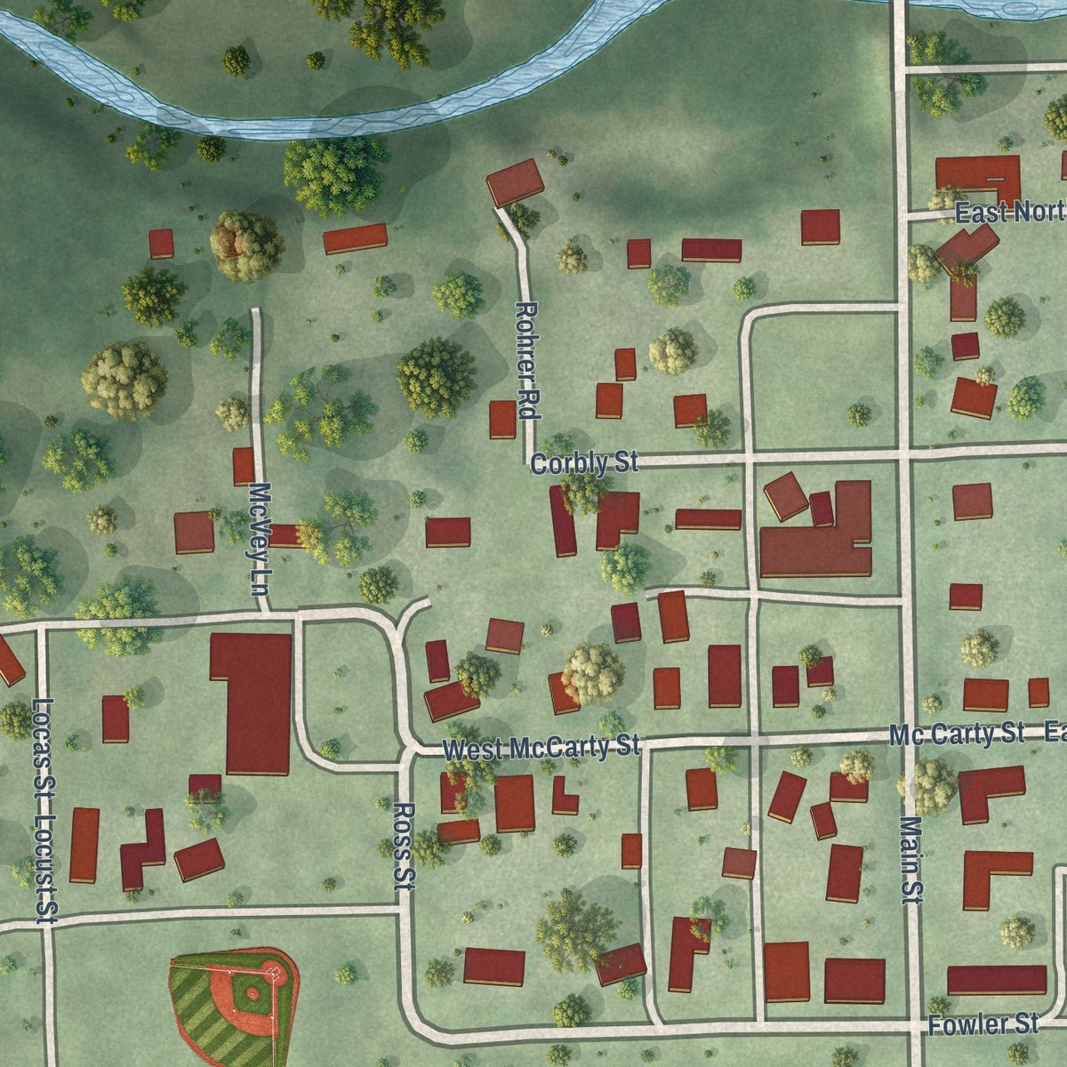 Close-up of the map of Muncie, Illinois print showing street and building detail
