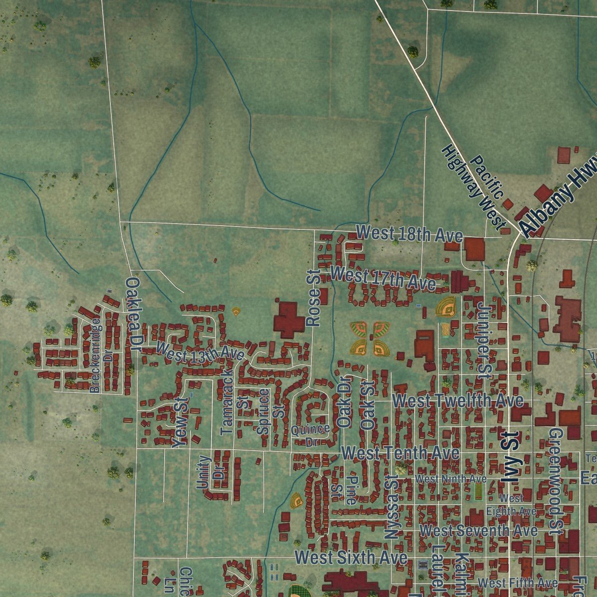 Close-up of the map of Junction City, Oregon print showing street and building detail