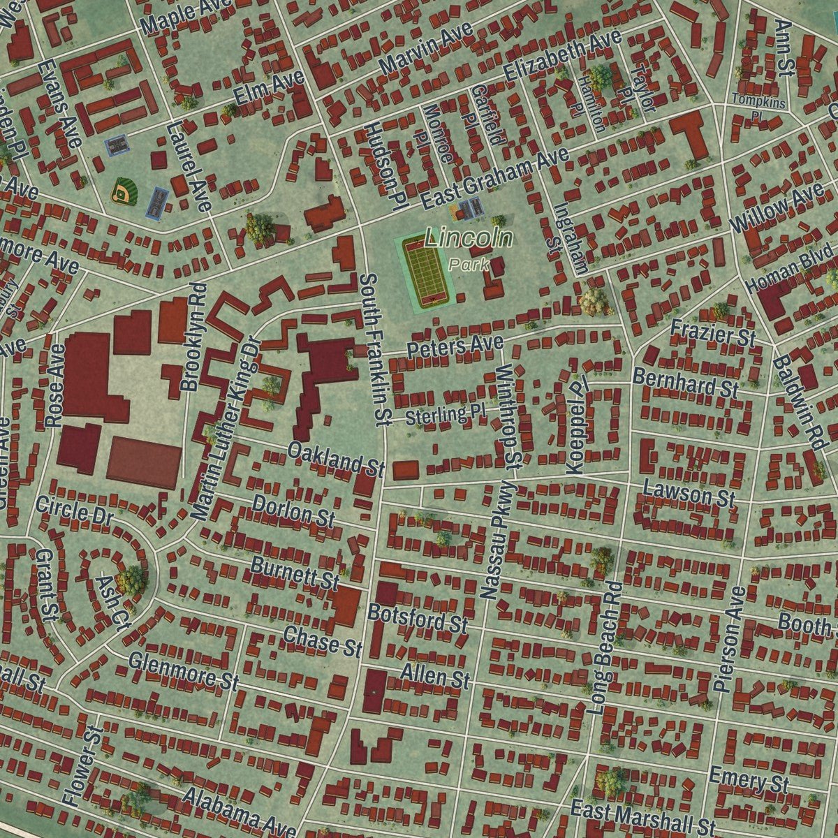 Close-up of the map of the Village of Hempstead, New York print showing street and building detail