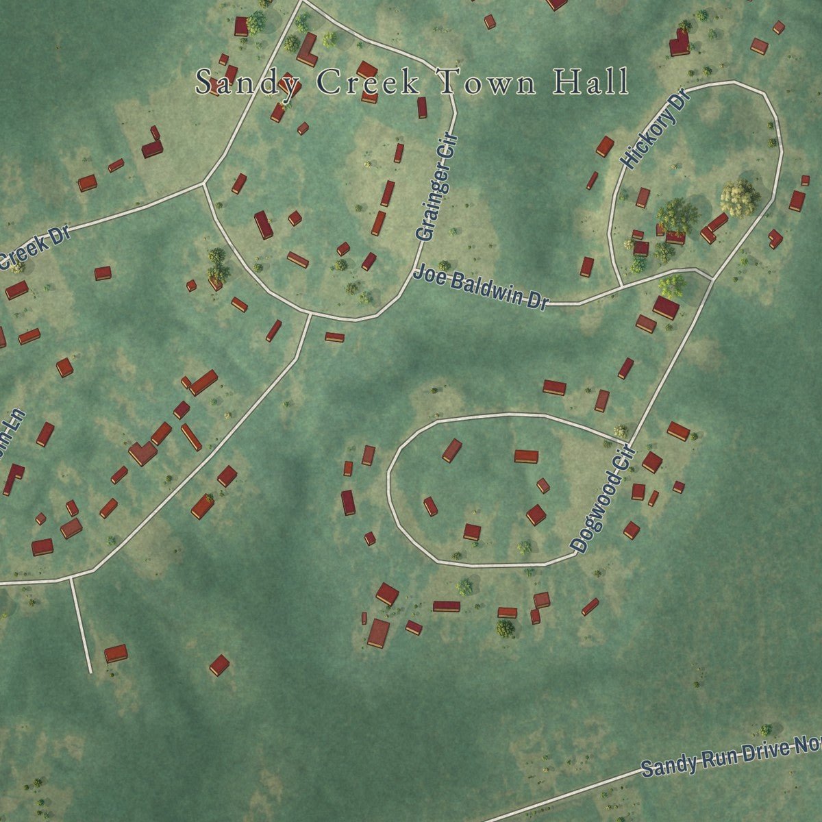 Close-up of the map of Sandy Creek, North Carolina print showing street and building detail