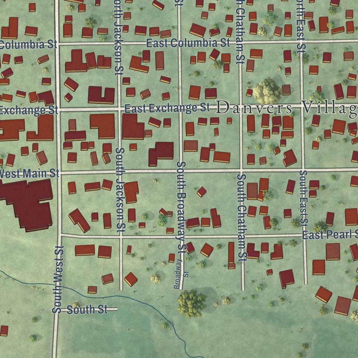 Close-up of the map of Danvers, Illinois print showing street and building detail