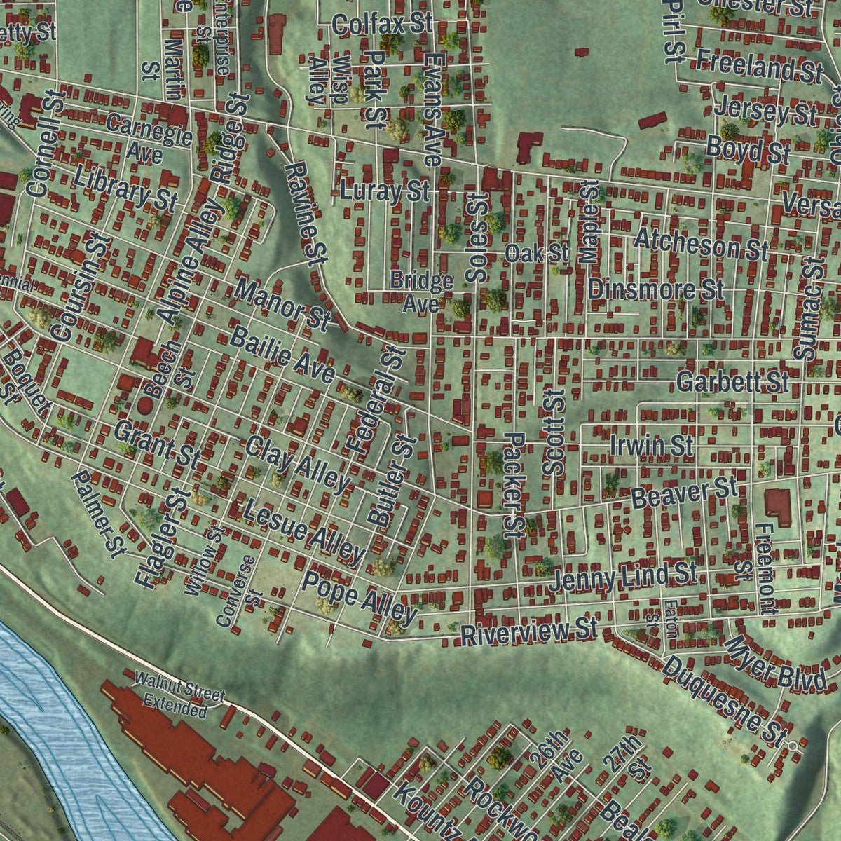 Close-up of the map of McKeesport, Pennsylvania print showing street and building detail