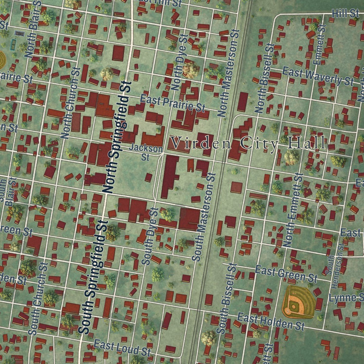 Close-up of the map of Virden, Illinois print showing street and building detail