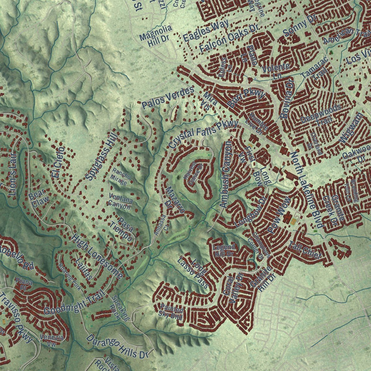 Close-up of the map of Leander, Texas print showing street and building detail
