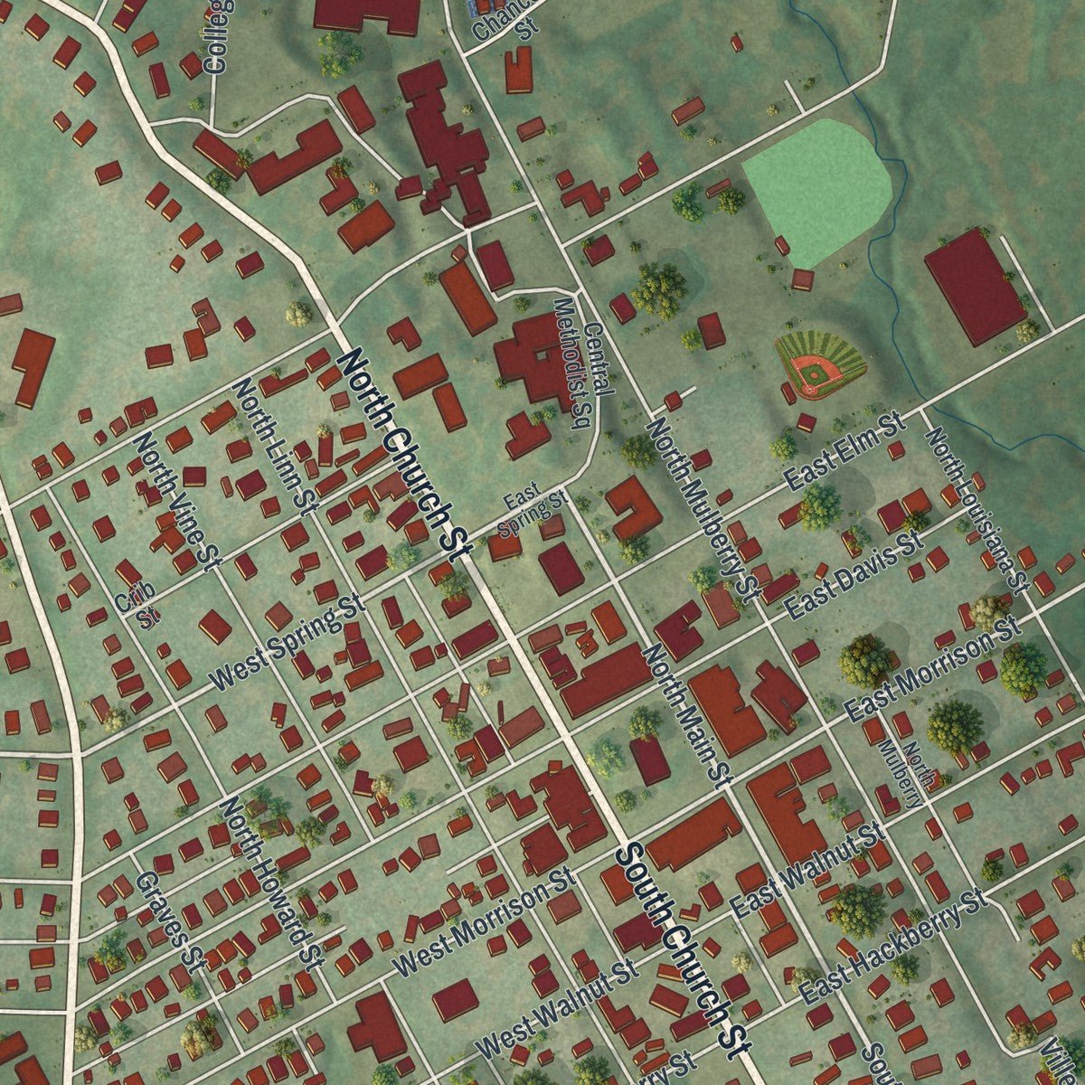 Close-up of the map of Fayette, Missouri print showing street and building detail
