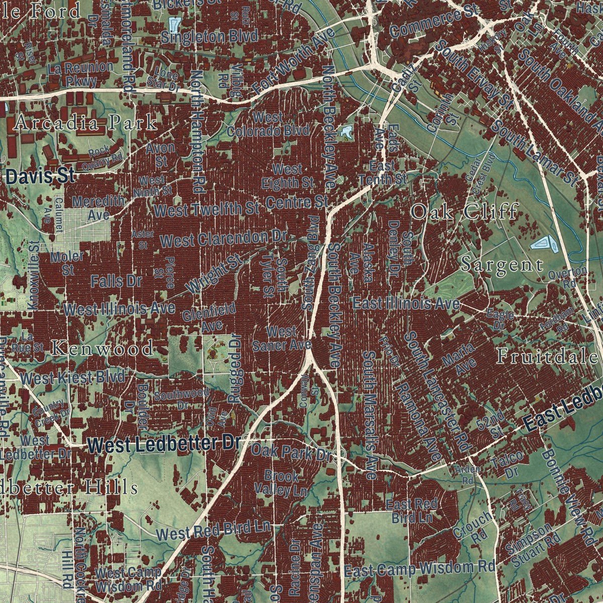 Close-up of the map of Dallas, Texas print showing street and building detail