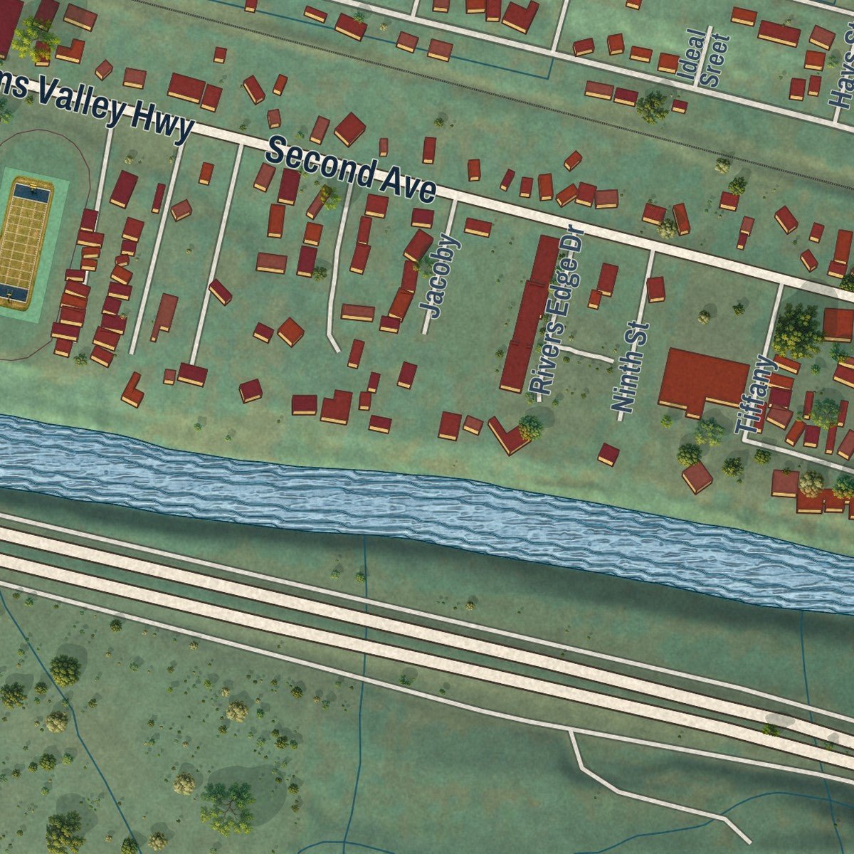 Close-up of the map of Gold Hill, Oregon print showing street and building detail
