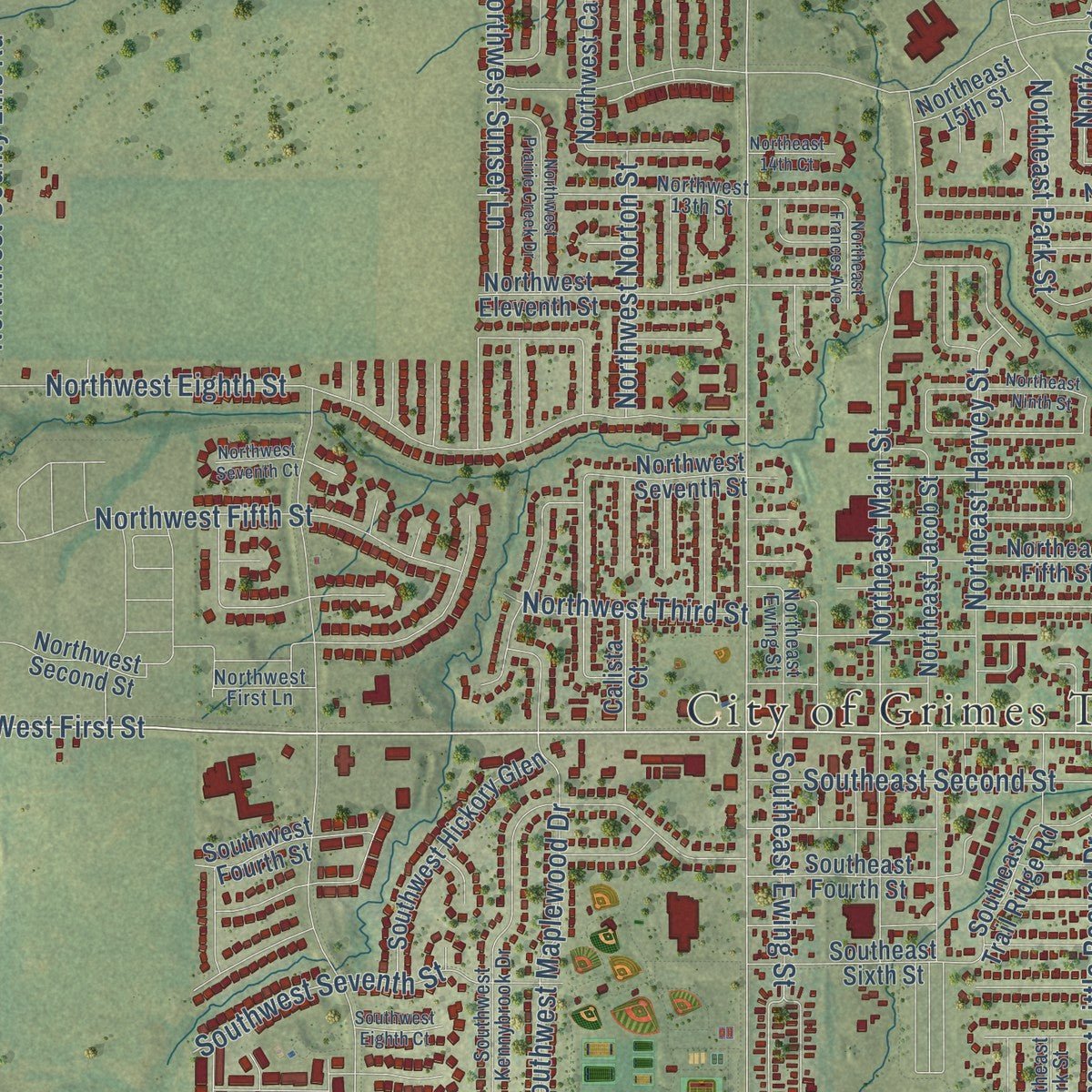 Close-up of the map of Grimes, Iowa print showing street and building detail