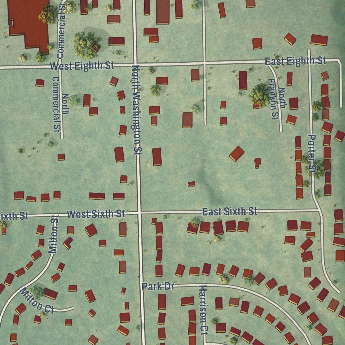 Close-up of the map of Auburn, Kansas print showing street and building detail