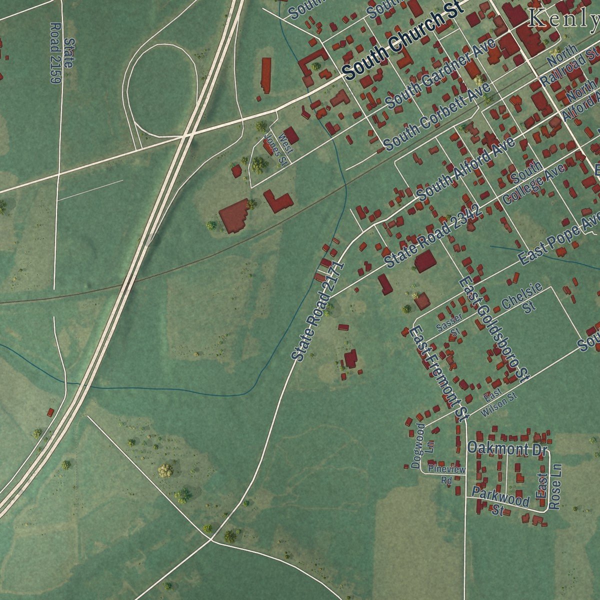 Close-up of the map of Kenly, North Carolina print showing street and building detail