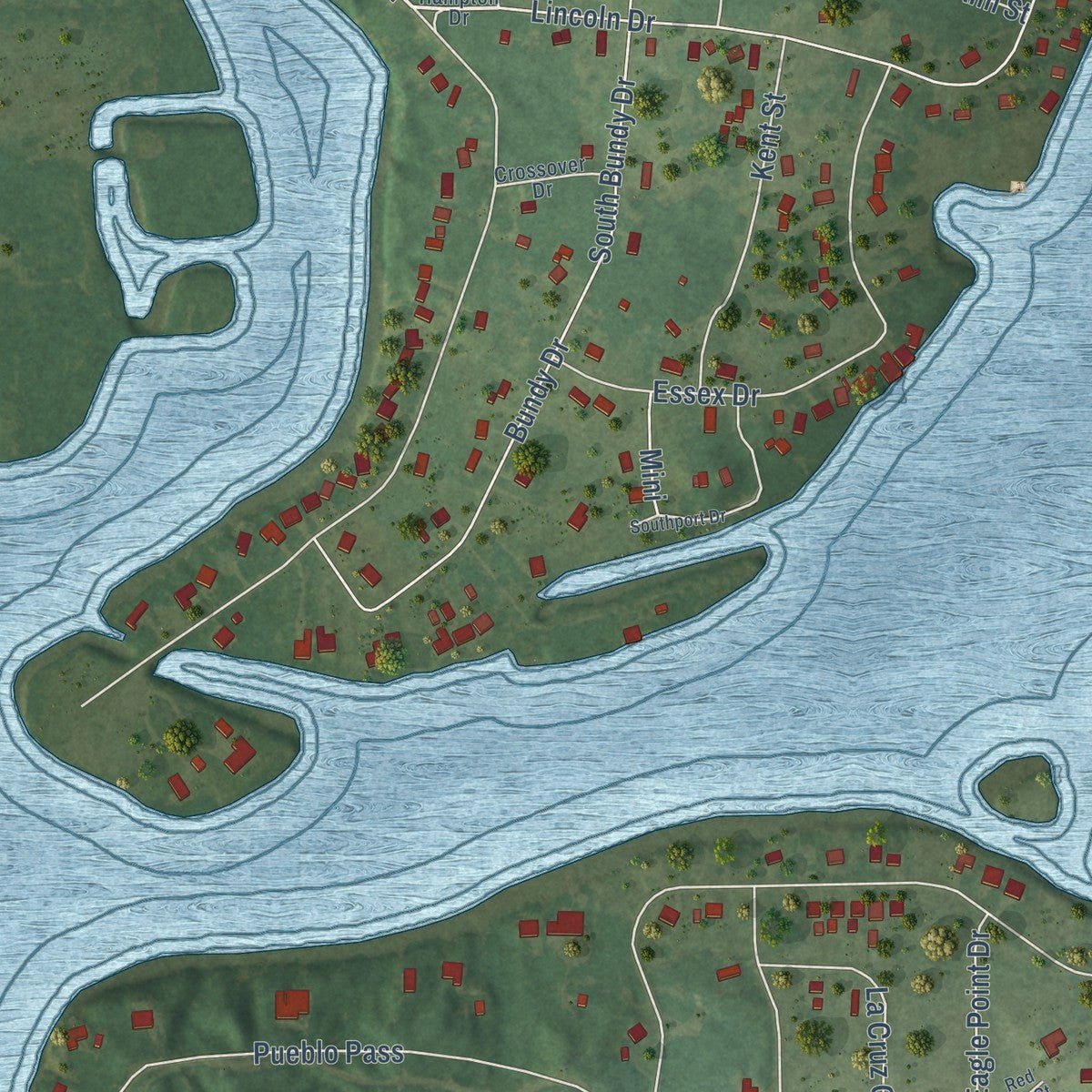 Close-up of the map of Lake Isabella, Michigan print showing street and building detail