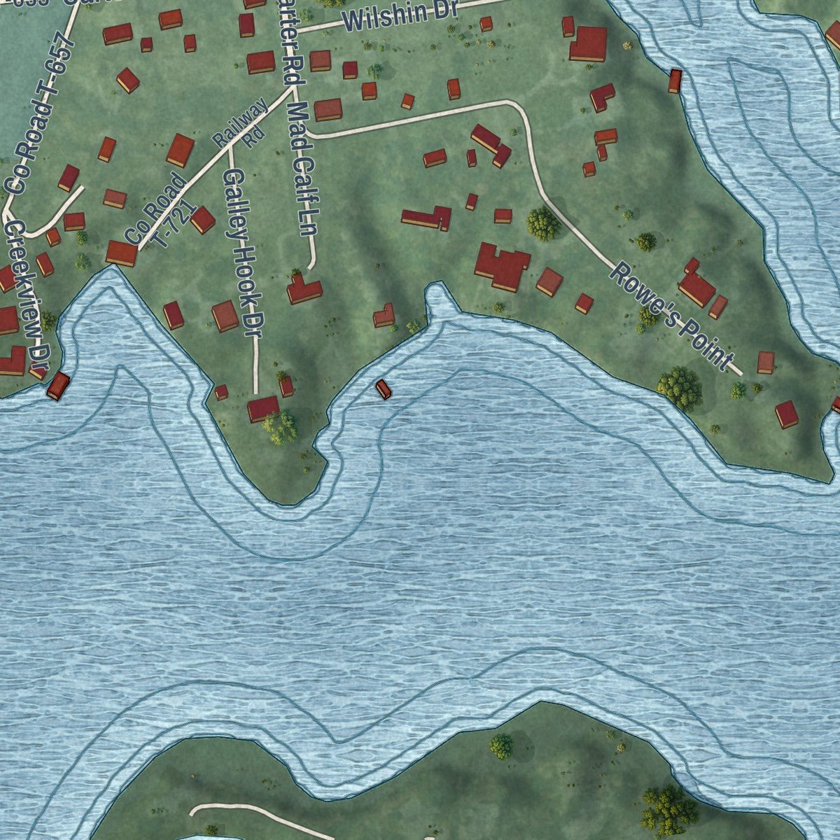 Close-up of the map of Irvington, Virginia print showing street and building detail