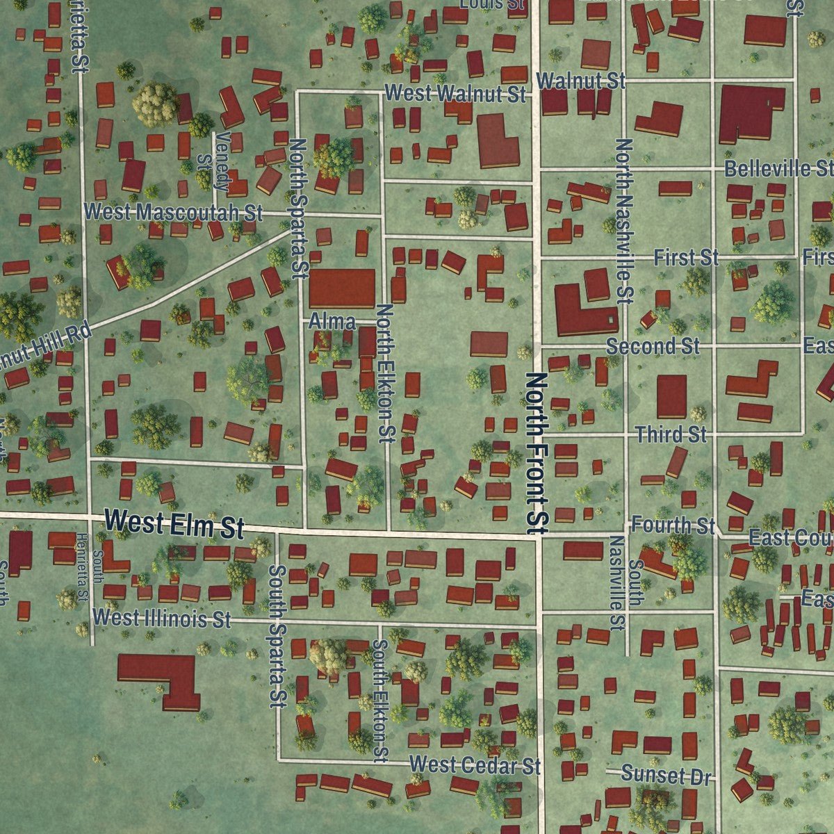 Close-up of the map of Okawville, Illinois print showing street and building detail