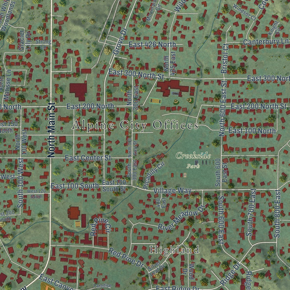 Close-up of the map of Alpine, Utah print showing street and building detail
