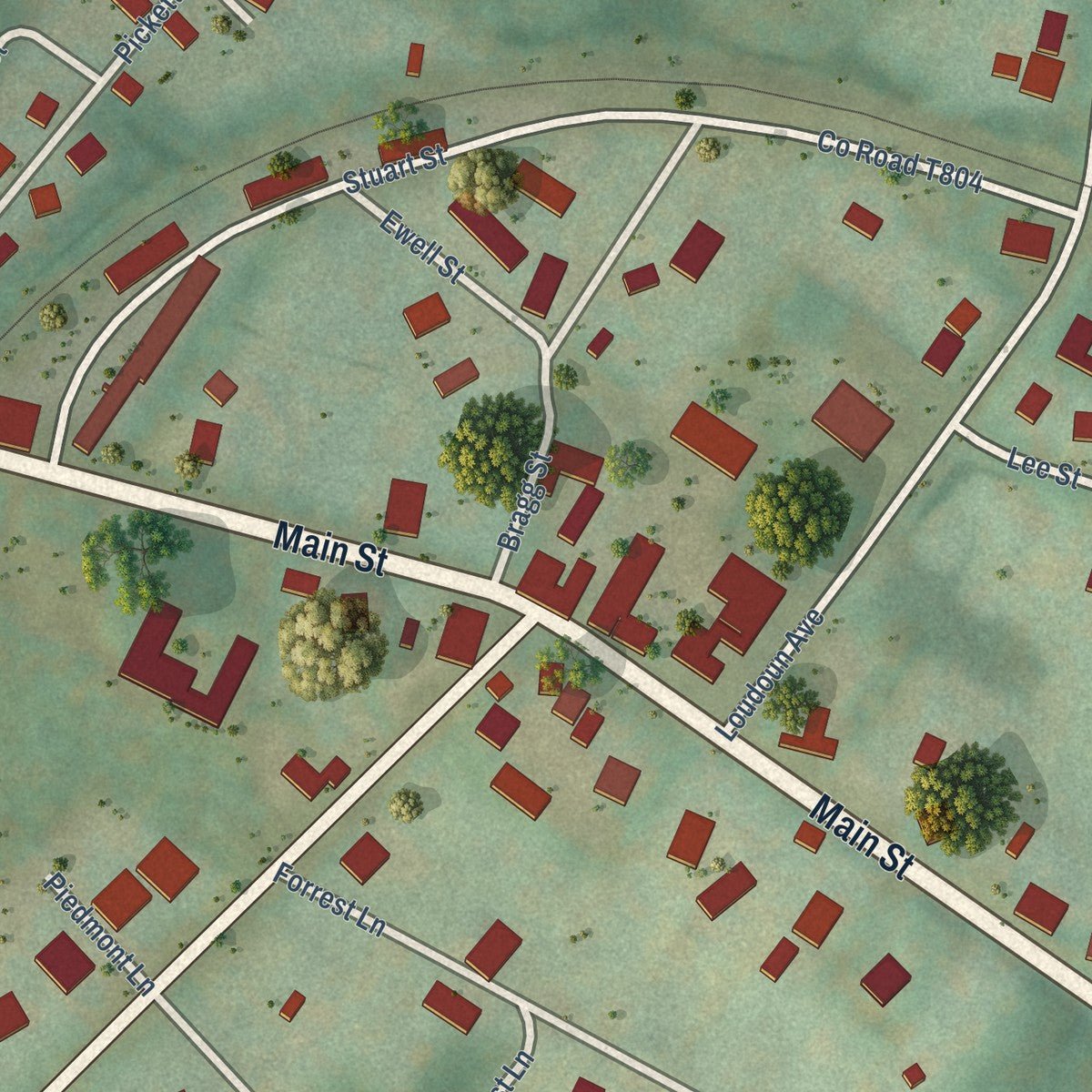 Close-up of the map of The Plains, Virginia print showing street and building detail