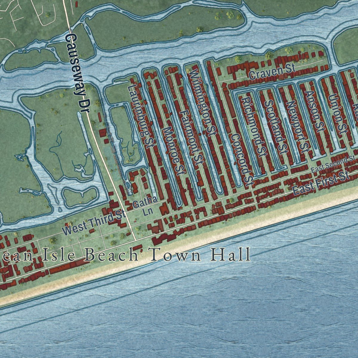 Close-up of the map of Ocean Isle Beach, North Carolina print showing street and building detail