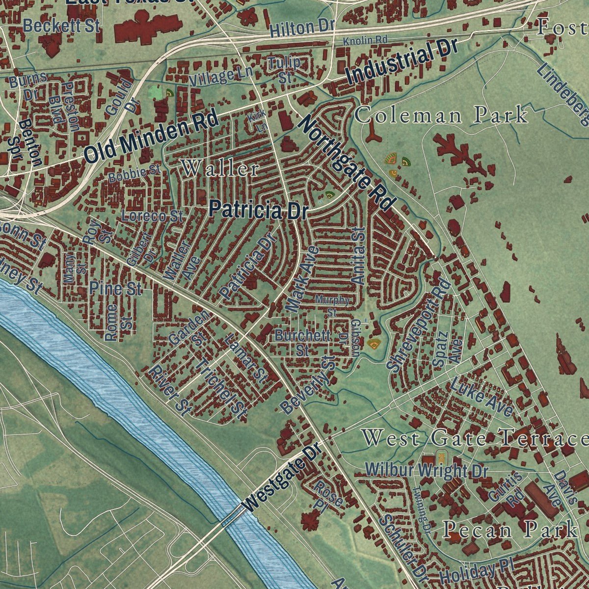 Close-up of the map of Bossier City, Louisiana print showing street and building detail