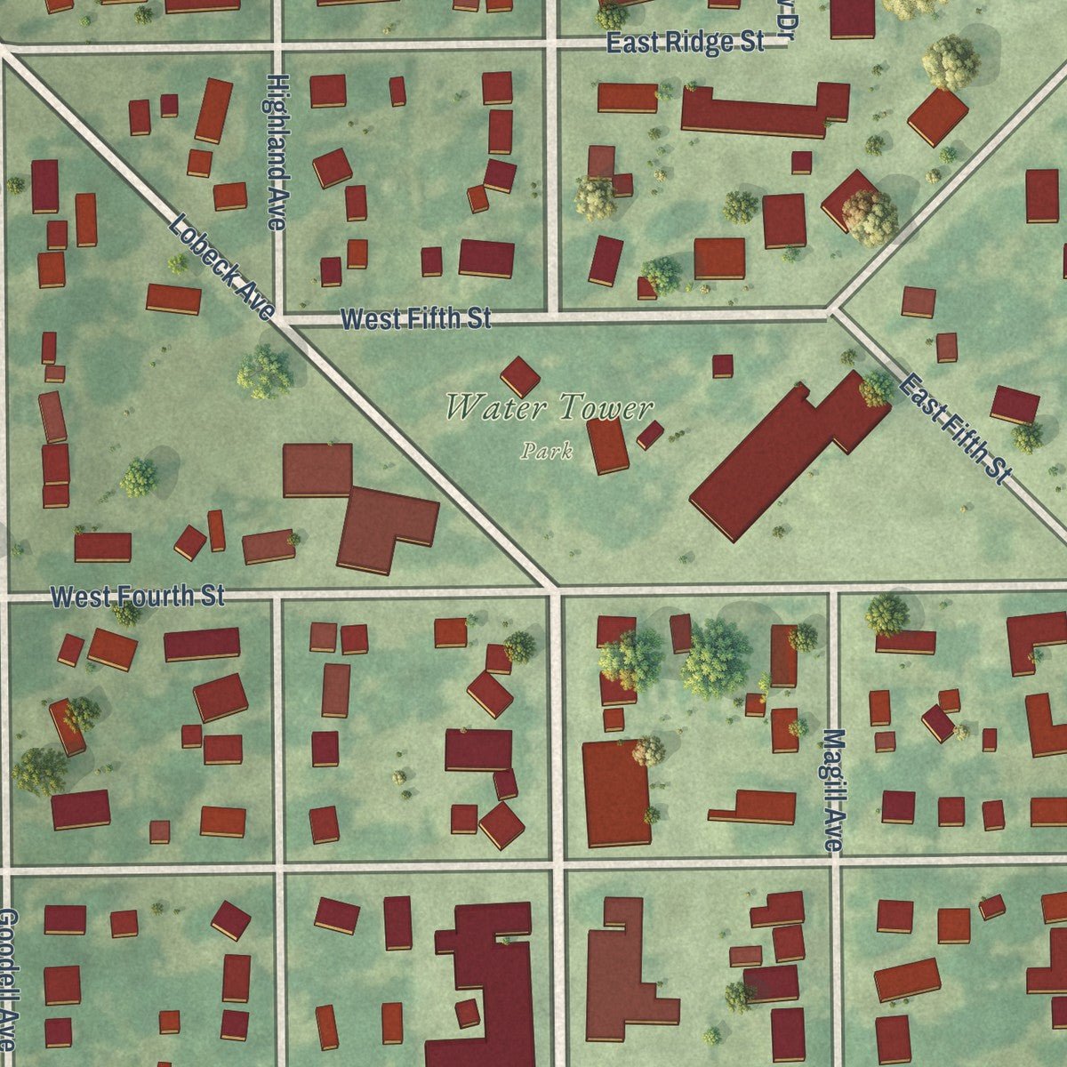 Close-up of the map of Readlyn, Iowa print showing street and building detail