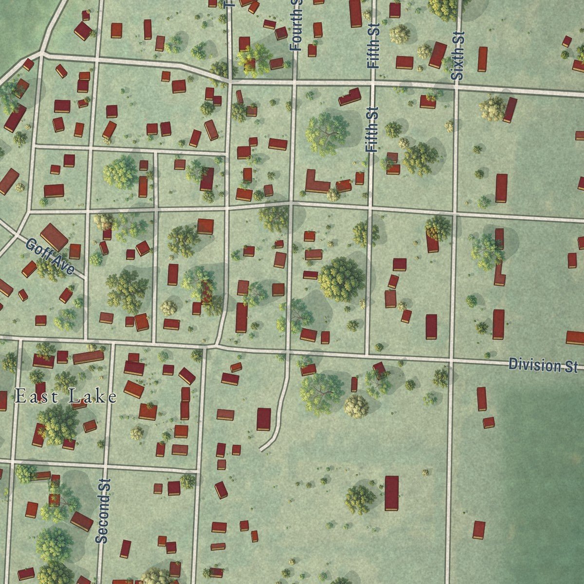 Close-up of the map of Eastlake, Michigan print showing street and building detail
