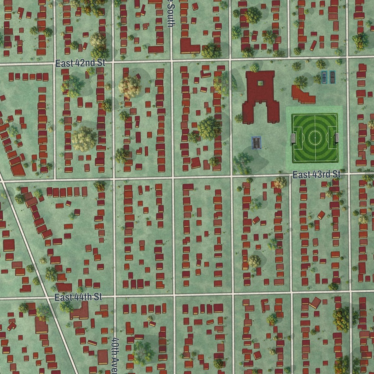 Close-up of the map of Hiawatha, Minnesota print showing street and building detail