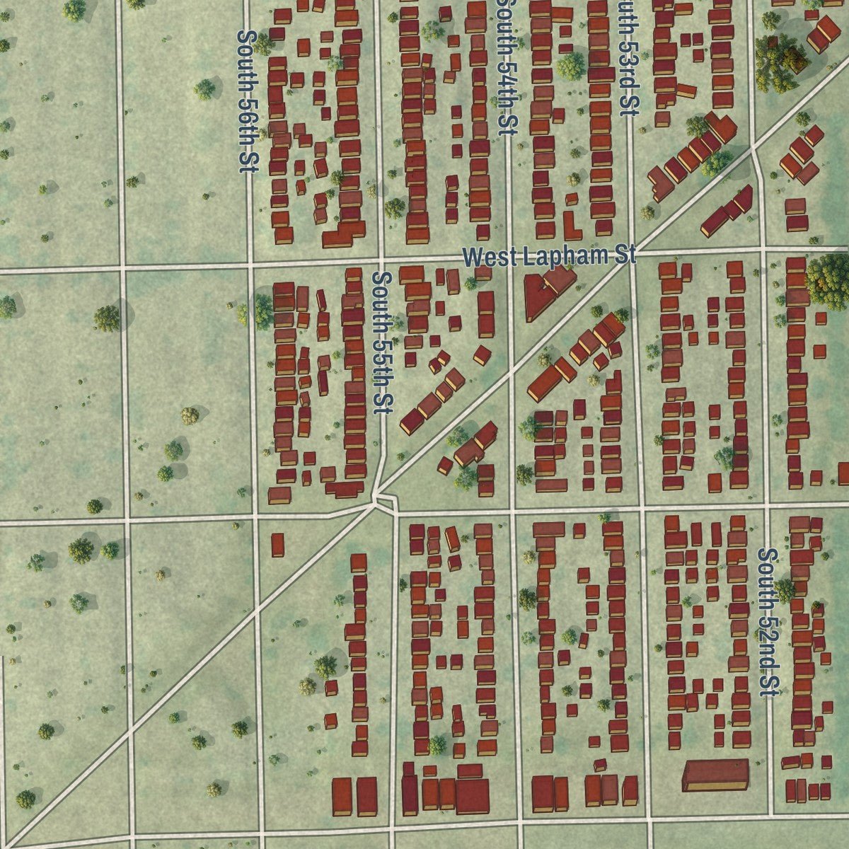 Close-up of the map of West Milwaukee, Wisconsin print showing street and building detail