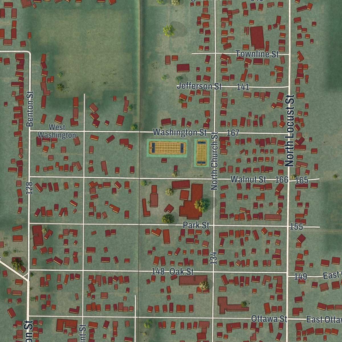 Close-up of the map of Oak Harbor, Ohio print showing street and building detail